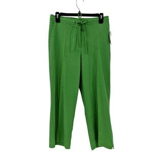 Kelly Green Linen Blend Pants Women 8P Petite Drawstring New Preppy Coastal